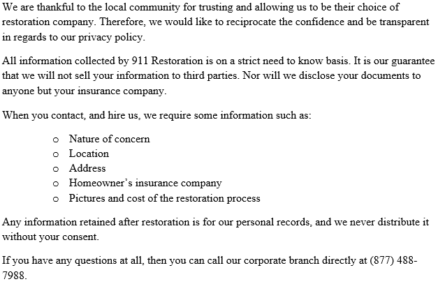 911 Restoration Privacy Policy